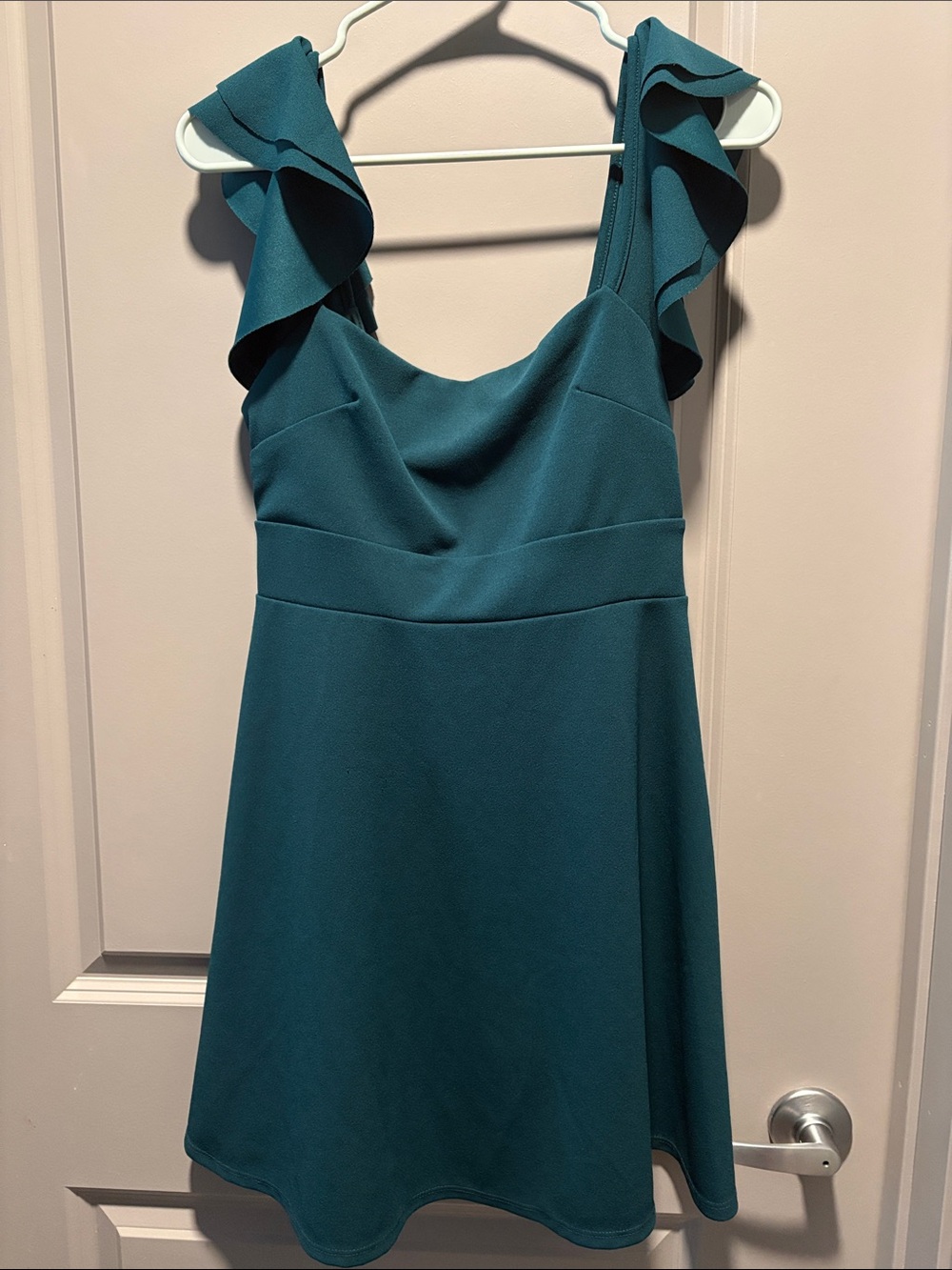 Altar'd State Dark Teal Ruffle Sleeve Fit Flare Mini Dress Open Back Tie Large
